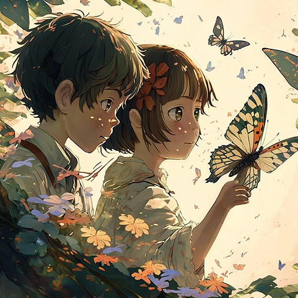 Dibujo para niños Rihanna y Alejandro juegan con mariposas en el bosque