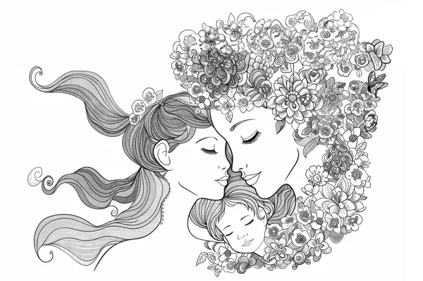 Dibujo artístico de una madre con sus hijos y flores