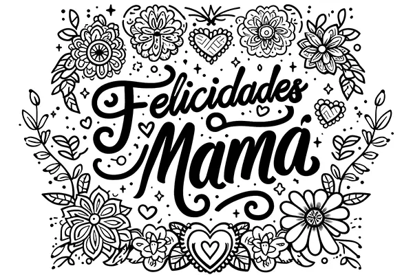 Diseño de un cartel para colorear con la frase ¡Felicidades mamá!