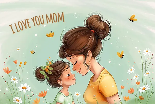 Imagen ilustración en color con el texto en inglés I love you mom