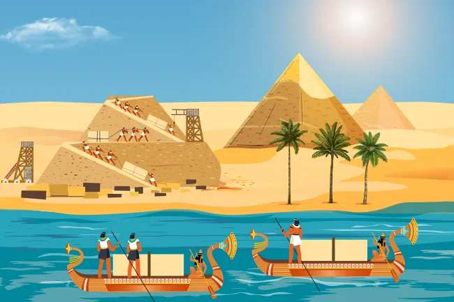 Ilustración del proceso de construcción de las pirámides en el Antiguo Egipto