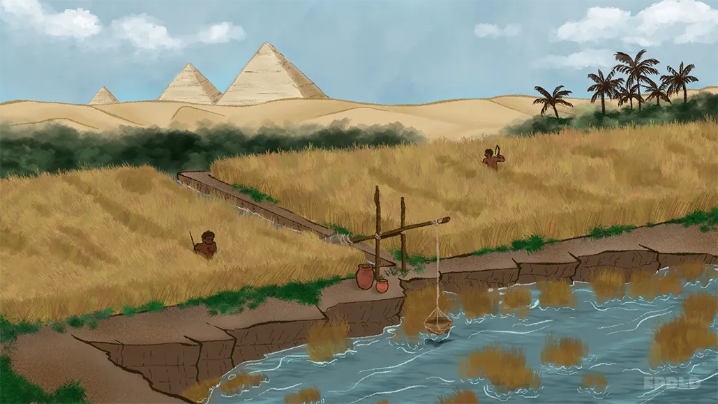 Dibujo del sistema de riego avanzado llamado shaduf que construyeron en el Antiguo Egipto para impulsar la agricultura. Ilustración agricultura egipcia.