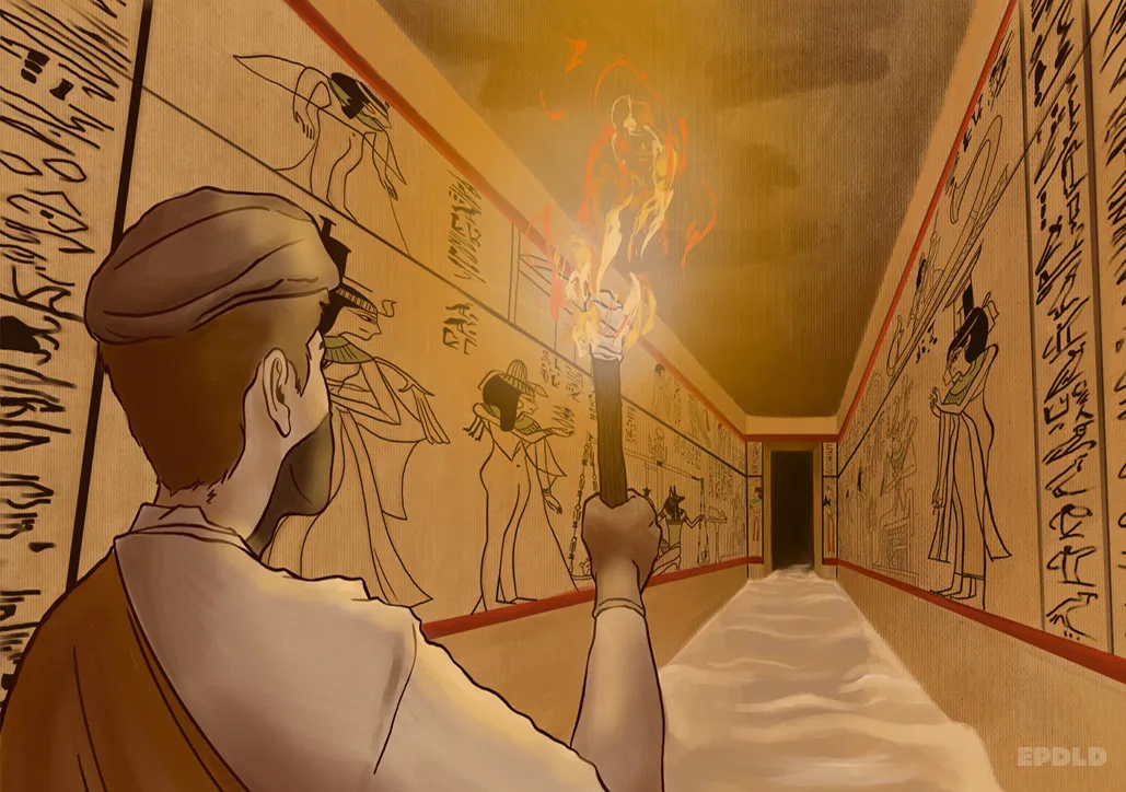 Dibujo así eran las tumbas de los faraones en el Antiguo Egipto. Ilustración de la tumba de los faraones.