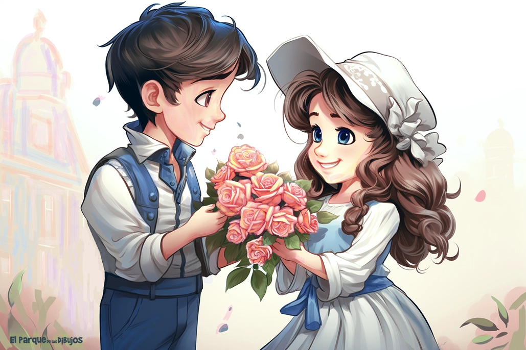 Cartoon serie for kids, Sofia gives Matheo a bouquet of flowers