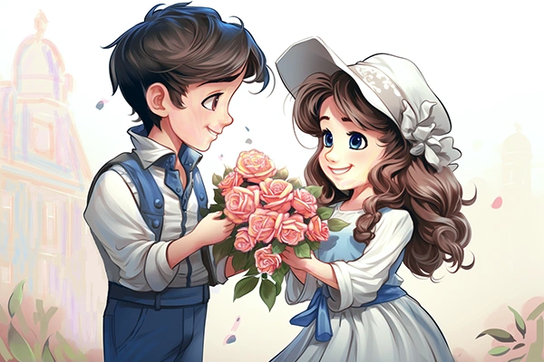 Cartoon image of kids with a bouquet of flowers