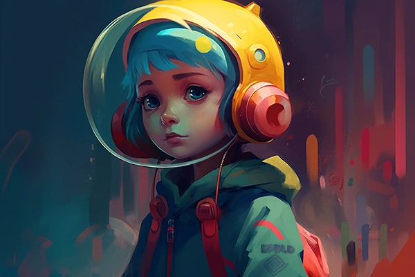 Children's illustration of a girl with an astronaut helmet.