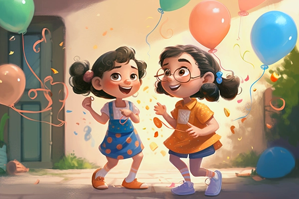Children's book illustration of two girls playing with balloons