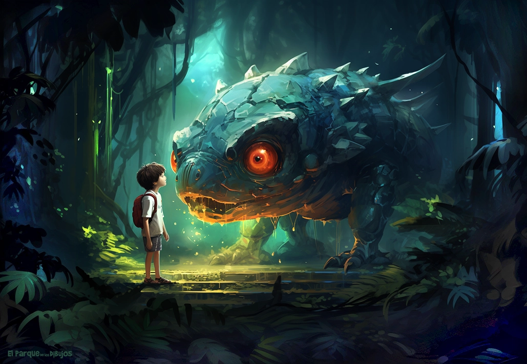 Children illustration boy in front of a monster in a fantastic forest
