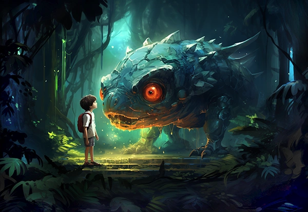 Children illustration, boy in front of a monster in a fantastic forest.