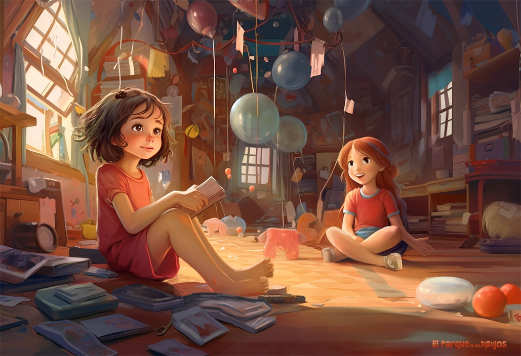 Children illustration Marta and Alba in the factory of dreams