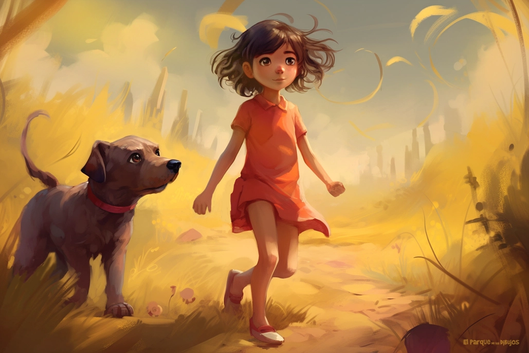 Illustration of a girl walking through the field with her dog