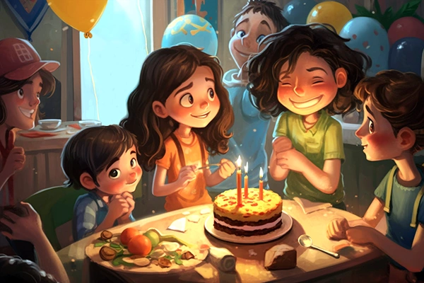Illustration of a children's story of some children celebrating a birthday