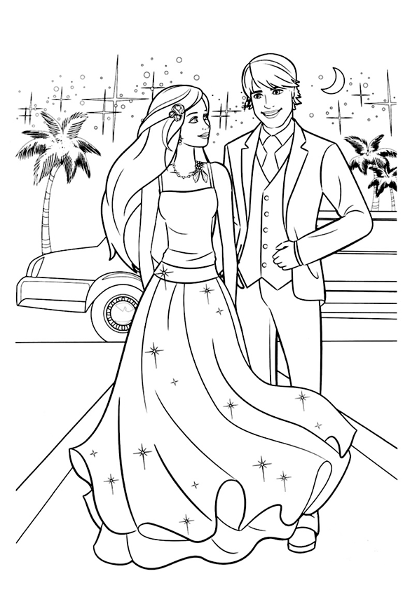 Coloring image of Barbie and Kent attending an event