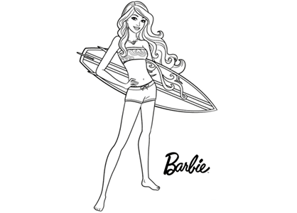 Barbie with a surfboard coloring page