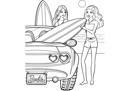 Coloring image of Barbie with her friend who are going to surf