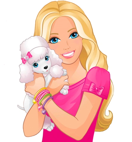 Color illustration of Barbie with a dog.