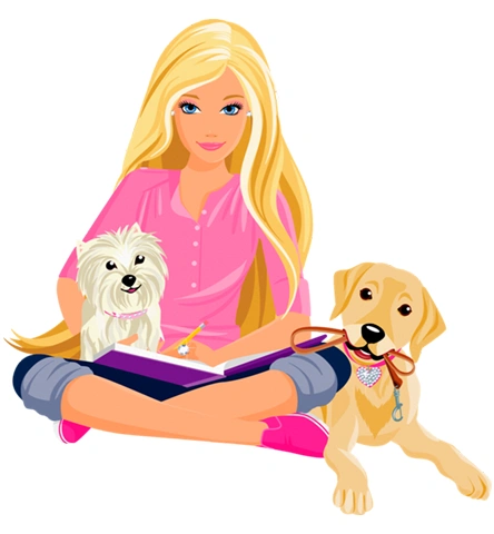 Color illustration of Barbie with two dogs