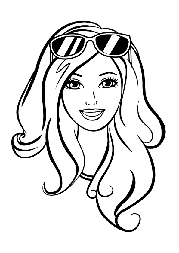 Coloring page of Barbie with glasses on her head. Barbie portrait.