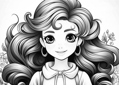 Black and white cartoon illustration of cute girl character coloring book