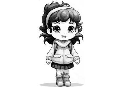 Black and white cartoon illustration cute little girl character coloring book