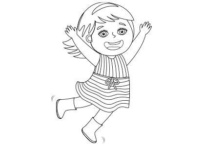 Black and white cartoon illustration of happy little girl character coloring book