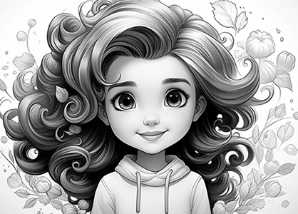 Black and white cartoon illustration nice girl character coloring book