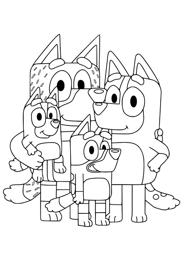 Heeler family coloring page. Image of the most fizzy family of dogs, Bluey, Bingo, Chili and Bandit, ready to print and color it.