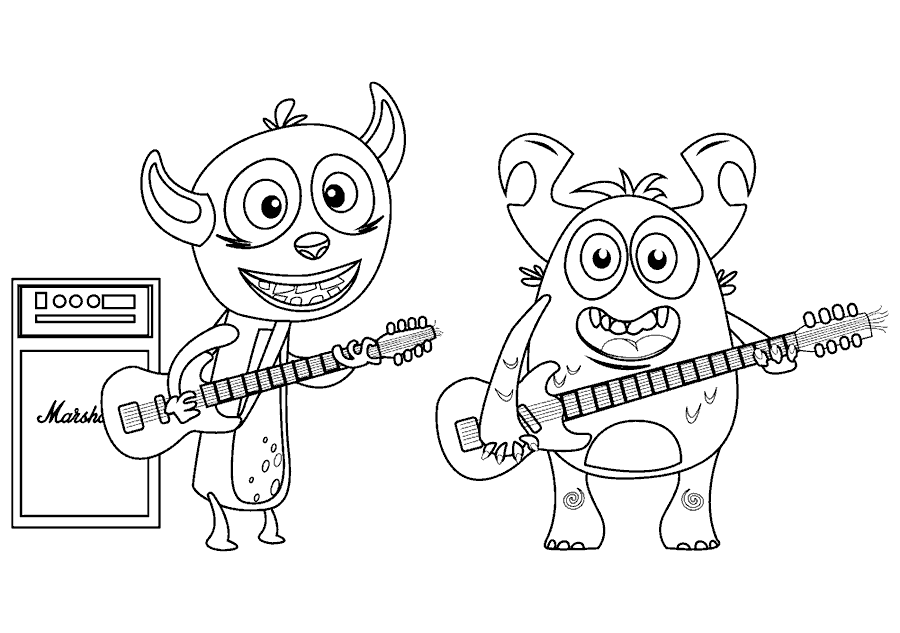 Monsters David and Chechu playing the guitar and bass coloring page.