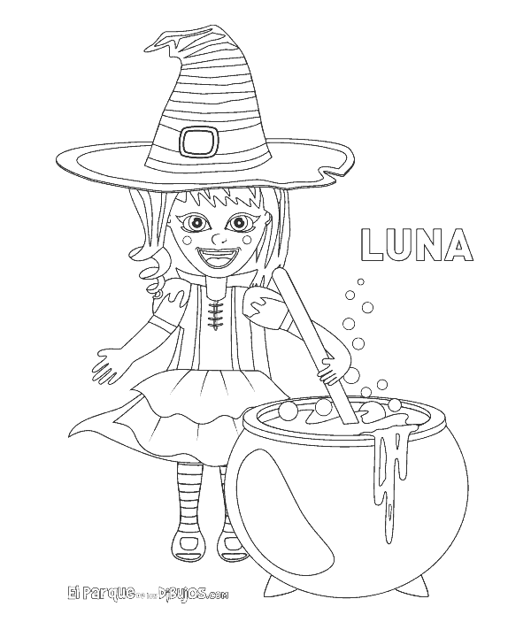 hildren's drawing for coloring Luna witch in the foreground preparing the magic potion in the cauldron