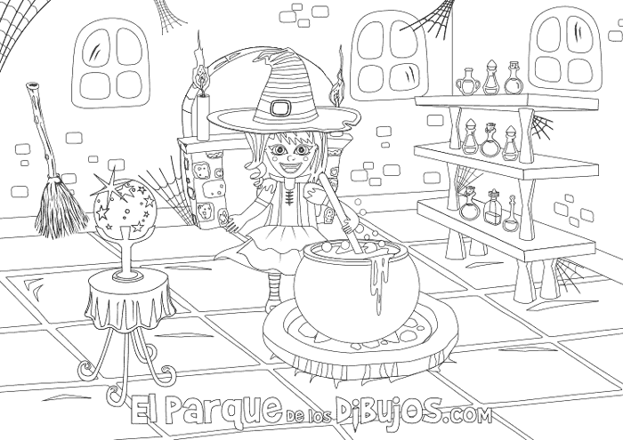 Children's coloring page of the Luna witch making the magic potion in the cauldron