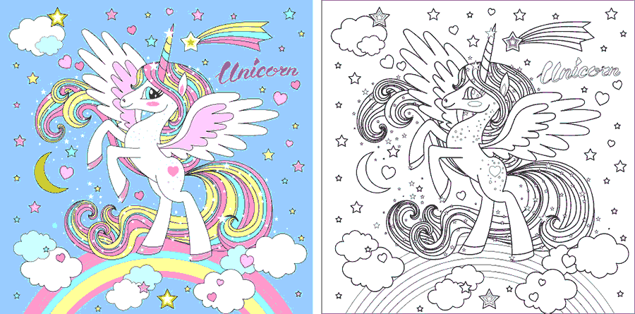 Children's coloring page of a unicorn