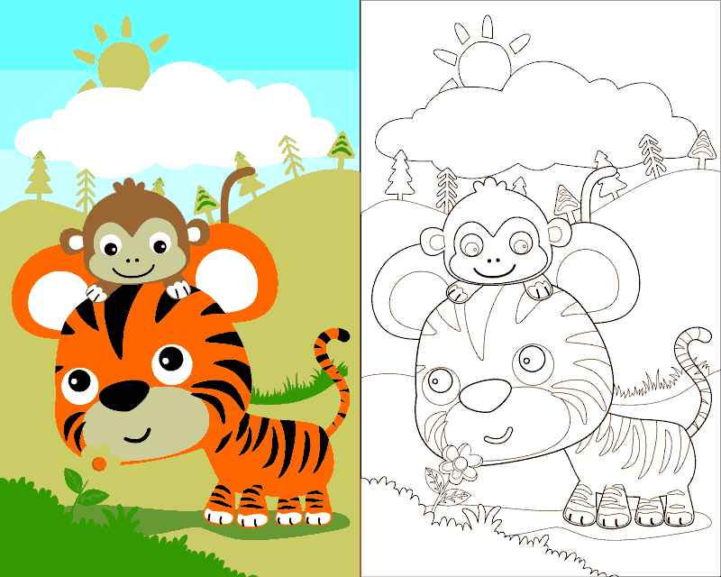 Children drawing of animals for coloring with a monkey and a lion
