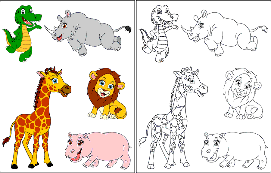 Animals coloring page with a giraffe, a rhino, a crocodile, a hippo and a lion