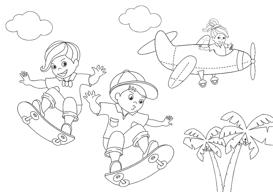 Children's coloring pages, micro story Bruno and Sara ride a skateboard and Marta passes by in her small plane.