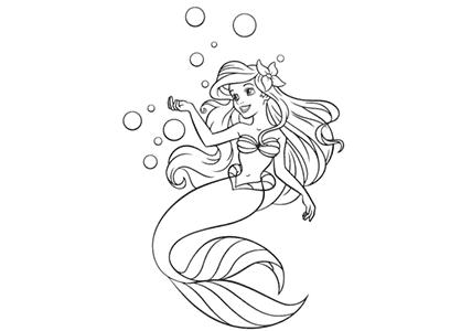 Printable drawing of Ariel princess from the Disney movie The Little Mermaid coloring page.