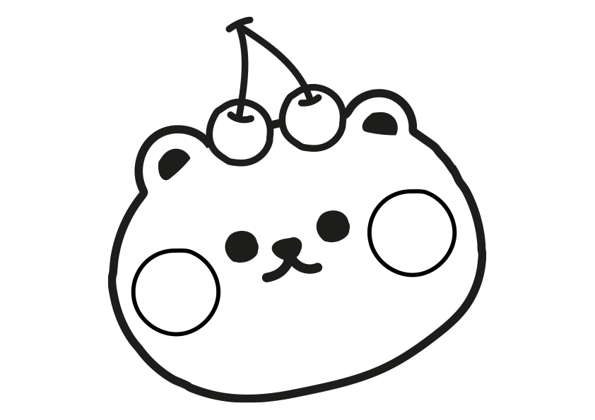 Kawaii coloring page of a bear head with some cherries