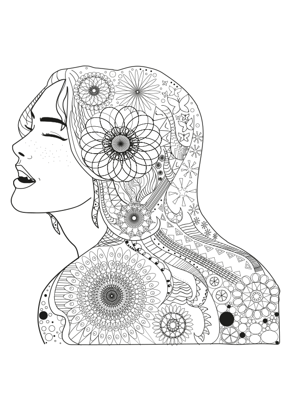 Mandala coloring page of the figure of a girl with geometric shapes inside