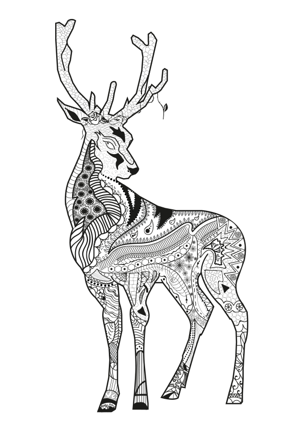 Mandala coloring page of the figure of a deer with geometric shapes inside