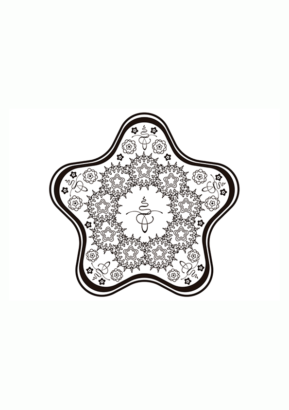 Mandala coloring page of a pentagon with kaleidoscopic shapes inside