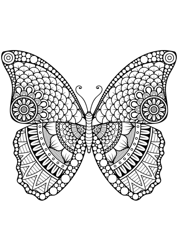 Mandala coloring page of the silhouette of a butterfly with geometric shapes inside