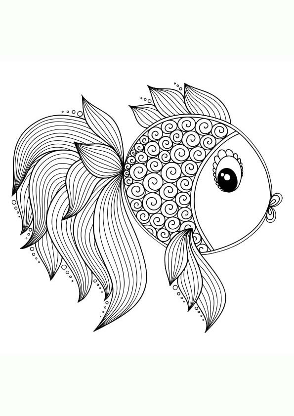 Mandala coloring page of the silhouette of a fish, style children's illustration