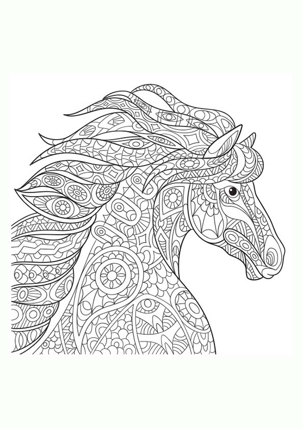 Mandala coloring page of a horse's head with decoration inside