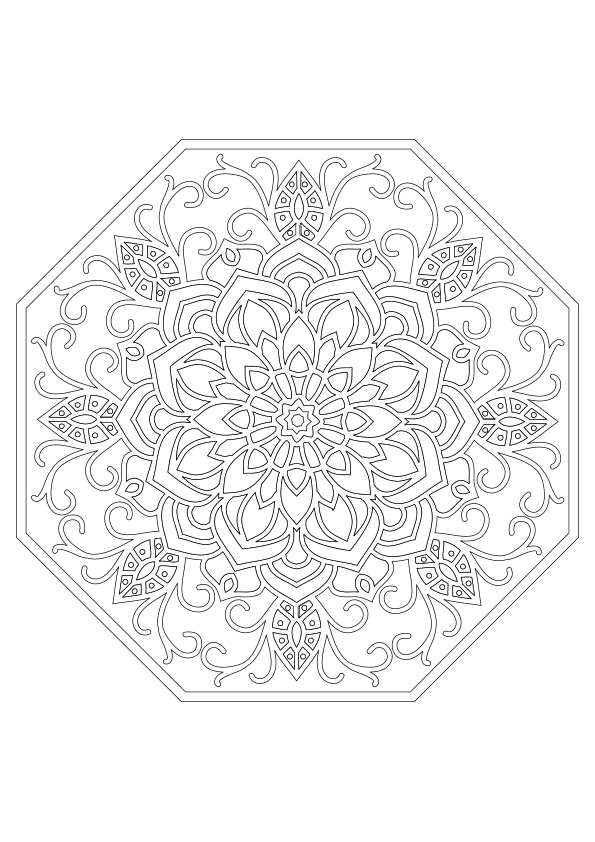 Intricate Mandala coloring page. Octagonal mandala coloring page with symmetrical floral motifs.