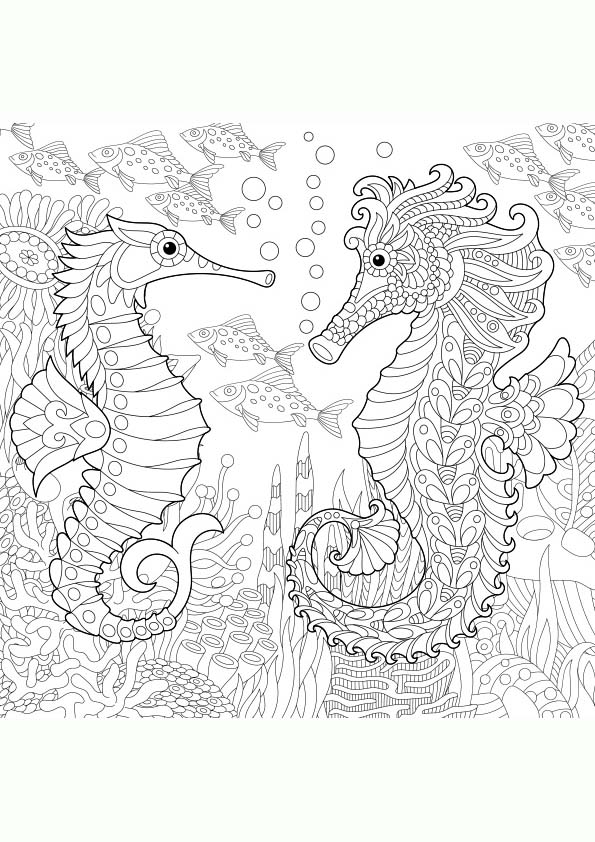 Mandala coloring page of an illustration of the silhouette of two seahorses at the bottom of the sea