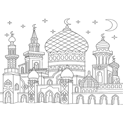 Coloring page of an architecture mandala of the silhouette of a Turkish Mosque with crescents