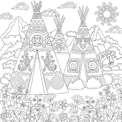 Mandala coloring page of the silhouette of a North American native people of wigwam, wigwams with tipis