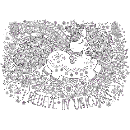Mandala coloring page of an illustration of a unicorn with the phrase I Believe in Unicorns