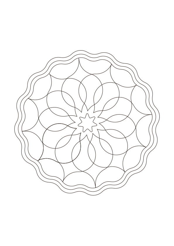 Symmetrical and sinusoidal shape Mandala coloring page with a rounded star in the center