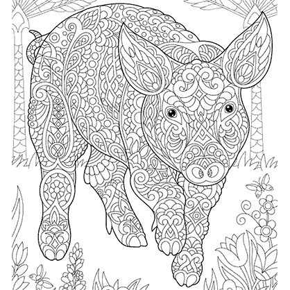 Mandala coloring page of a pig in a field with trees and flowers