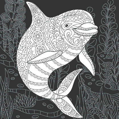 Mandala coloring page of an illustration of the silhouette of a dolphin on a black background